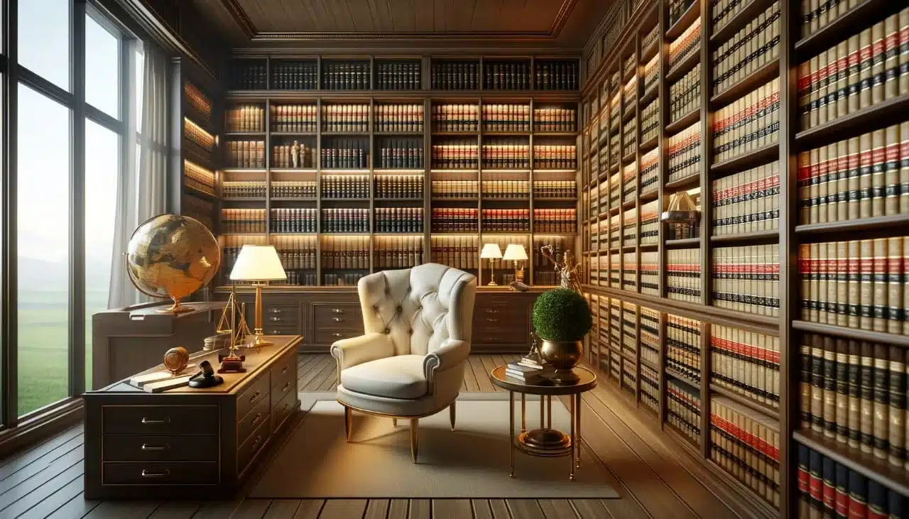 Elegant legal library with extensive resources in a law firm, highlighting commitment to thorough research.