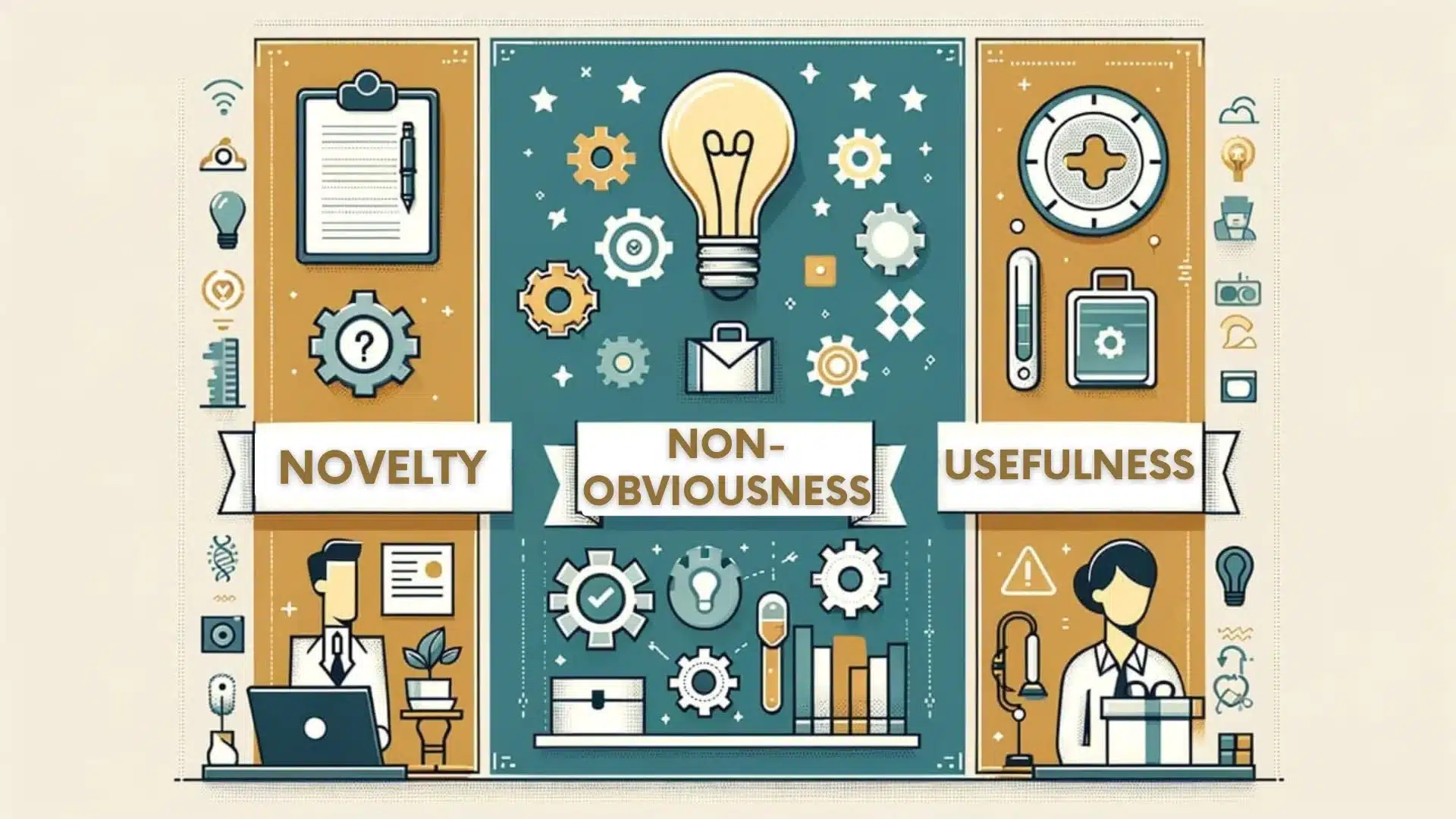 Infographic of patent law requirements: Novelty, Non-Obviousness, and Usefulness.